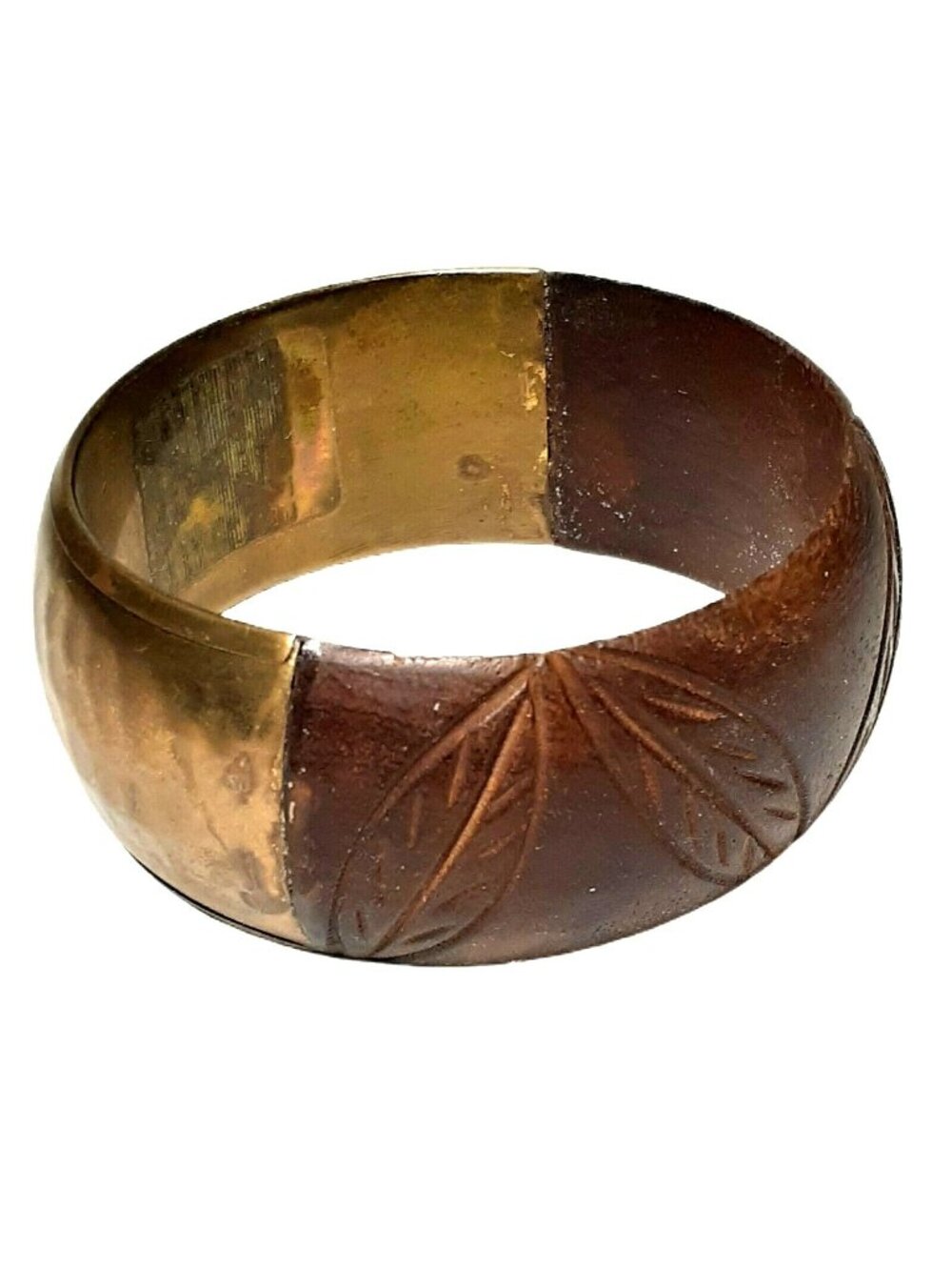 VTG Bangle Bracelet Half Wood Carved Etched and Half Hammered Brass  2.4" wide